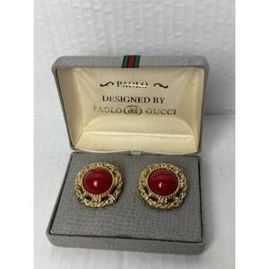 Vintage Paolo Gucci Signed 1" Gold Plated Cabochon Clip On Earrings Italy W/Box